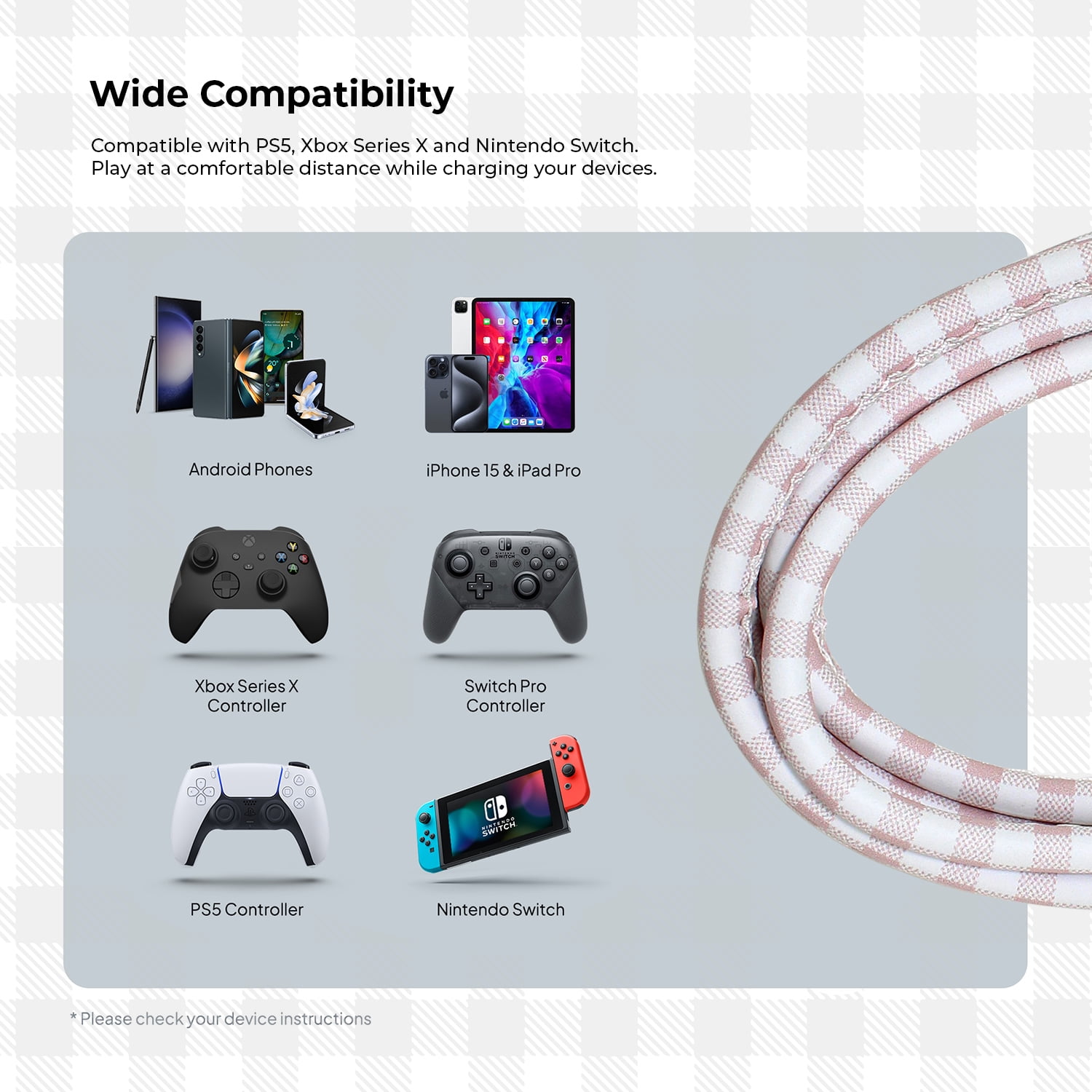 Liquipel Powertek Pastel Plaid USB-C to USB-C - Pink