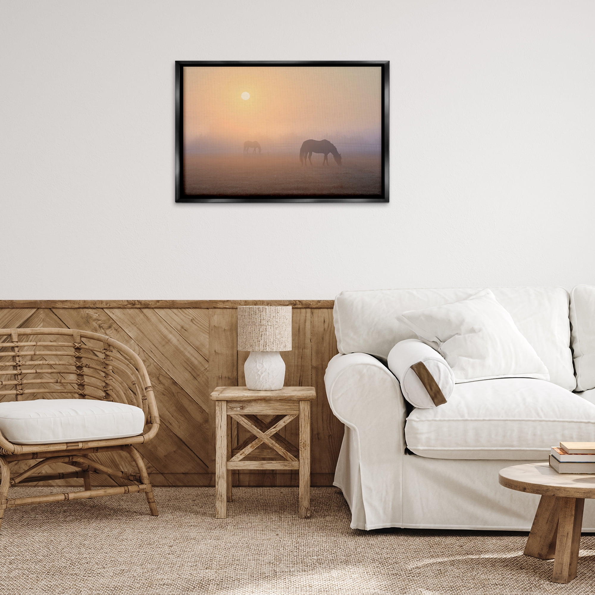 Stupell Industries Misty Sunlit Horses Landscape & Nature Photography Black Floater Framed Canvas Art Print Wall Art, 31 x 21