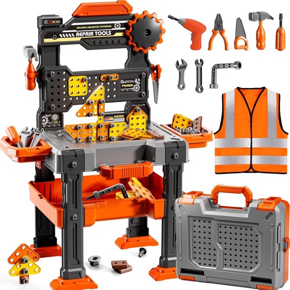 Caunedy 156PCS Pretend Construction Toy Set with Drill, Kids Toy Workbench Playset Tools for Kids Ages 3 4 5 6 7 8 Years Old, Ideal Birthday Gifts for Boys