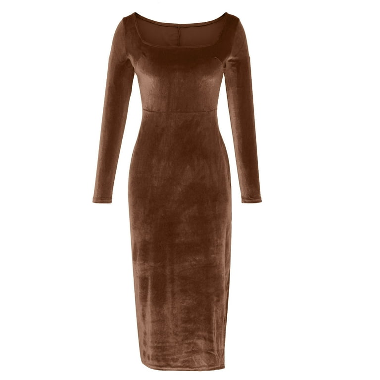 XFLWAM Womens Velvet Square Neck Long Sleeve Maxi Dress Sexy Bodycon Split  Cocktail Party Dress Elegant Wedding Guest Club Party Brown M - Walmart.com