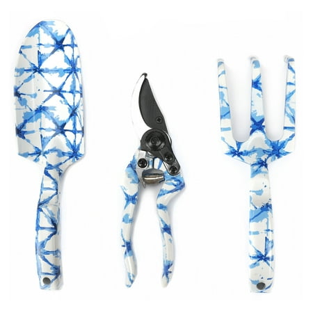 Expert Gardener Blue Shibori Gardening Tool Set with Trowel, Cultivator and Pruner