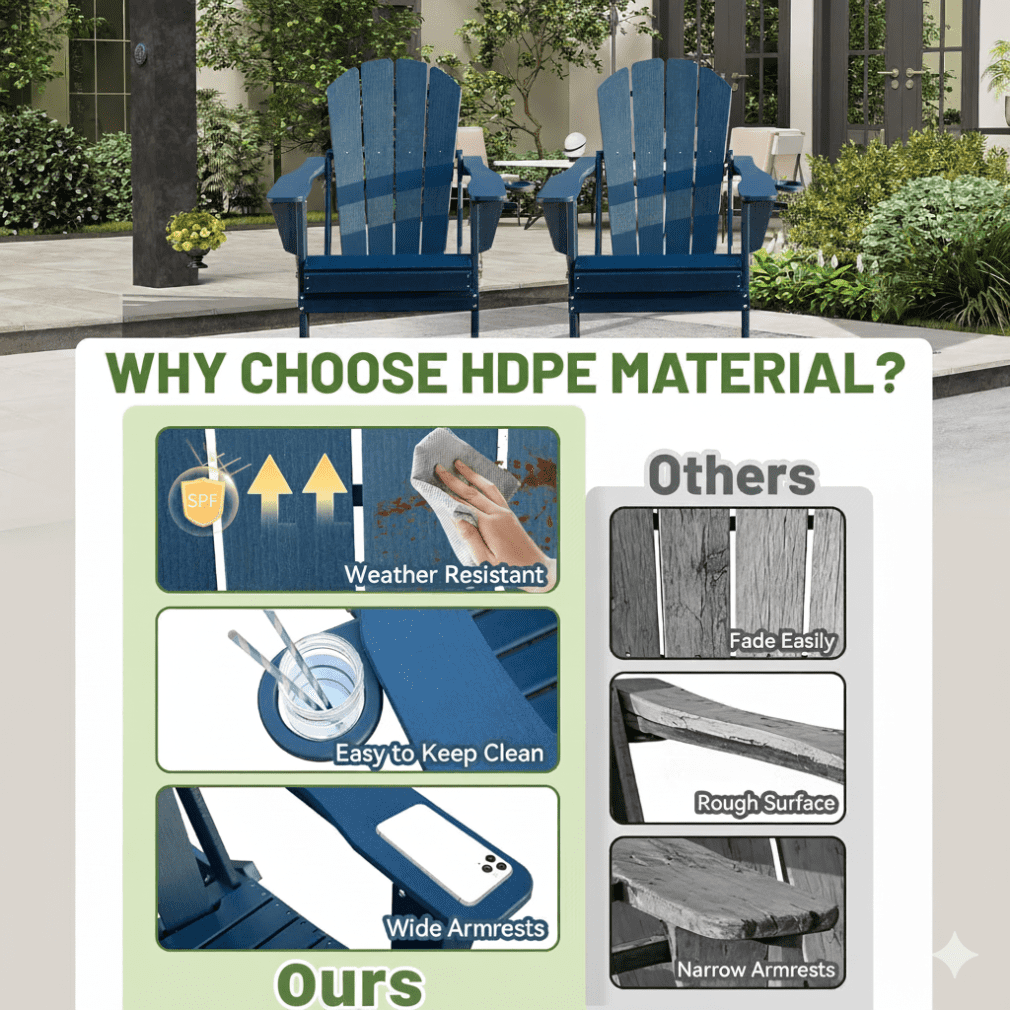 Folding Adirondack Chairs Set of 2, All-Weather HDPE Lawn Chairs with Cup Holder, Comfortable Outdoor Patio Chairs for Deck, Porch, Backyard, Garden, Dark Blue