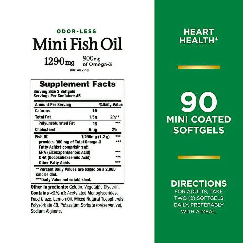 Nature's Bounty Mini Fish Oil Softgels 1290 mg, Omega-3, Supports Heart Health, Odor-Less, 90 Mini Coated Softgels