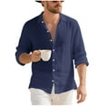 thumbnail image 2 of Stamzod Beach Shirts for Men Solid Color Long Sleeve Flax Button Down Shirt Casual Mens Vacation Shirts Navy-3 XL, 2 of 9