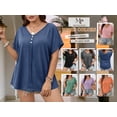 thumbnail image 4 of Mengpipi Women's Tops Summer Short Sleeve V-Neck Rolled Sleeve Silver Button Solid Casual Shirt 1X-4X, 4 of 9