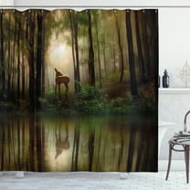 Nature Shower Curtain, Baby Deer in the Forest with Reflection on Lake Foggy Woodland Graphic, Fabric Bathroom Set with Hooks, 69W X 70L Inches, Fern Green Cocoa Brown, by Ambesonne