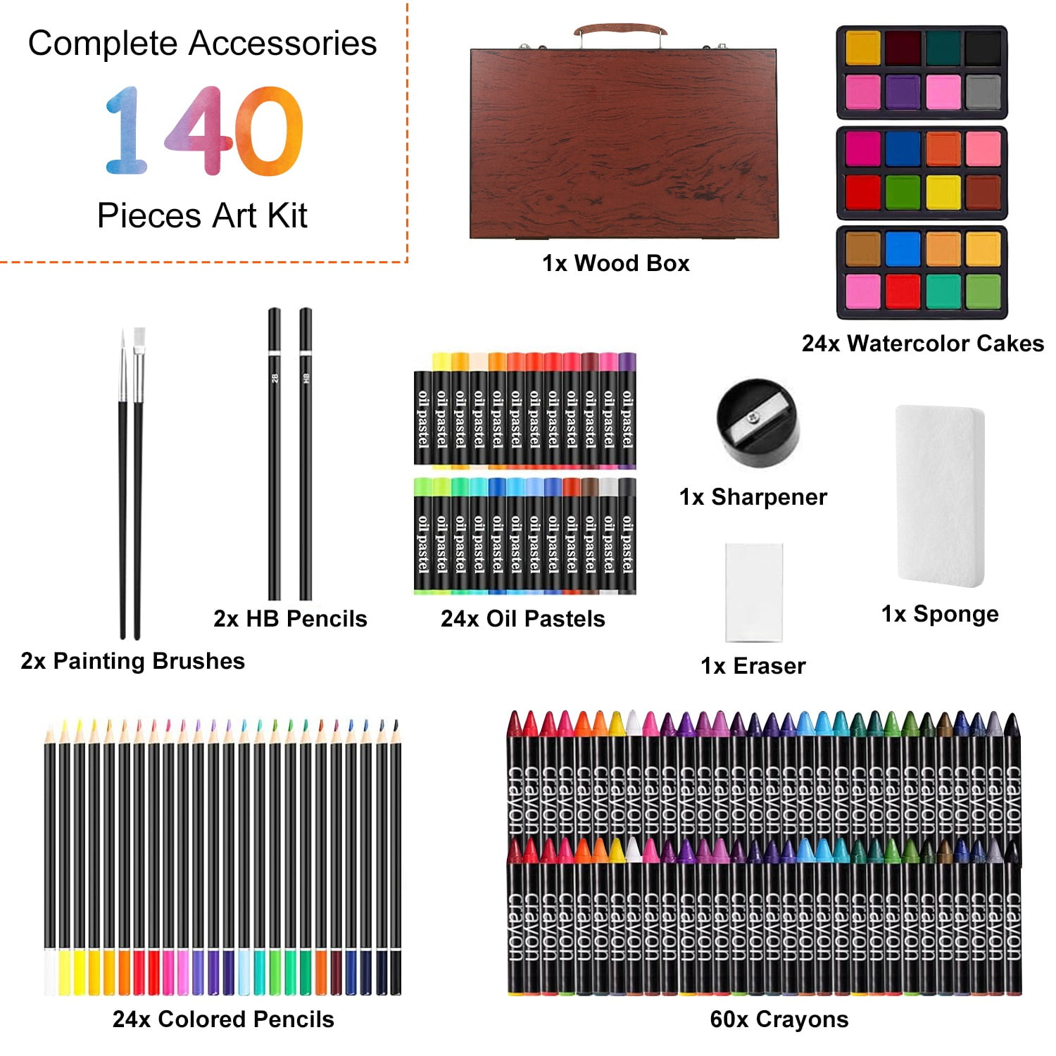 iMounTEK 140 Piece Art Set Crafts Painting Kit Includes Crayons, Colored Pencils, Oil Pastels in Wooden Case, Professional Art Kit Creative Gift for Teens, Beginners Girls Boys