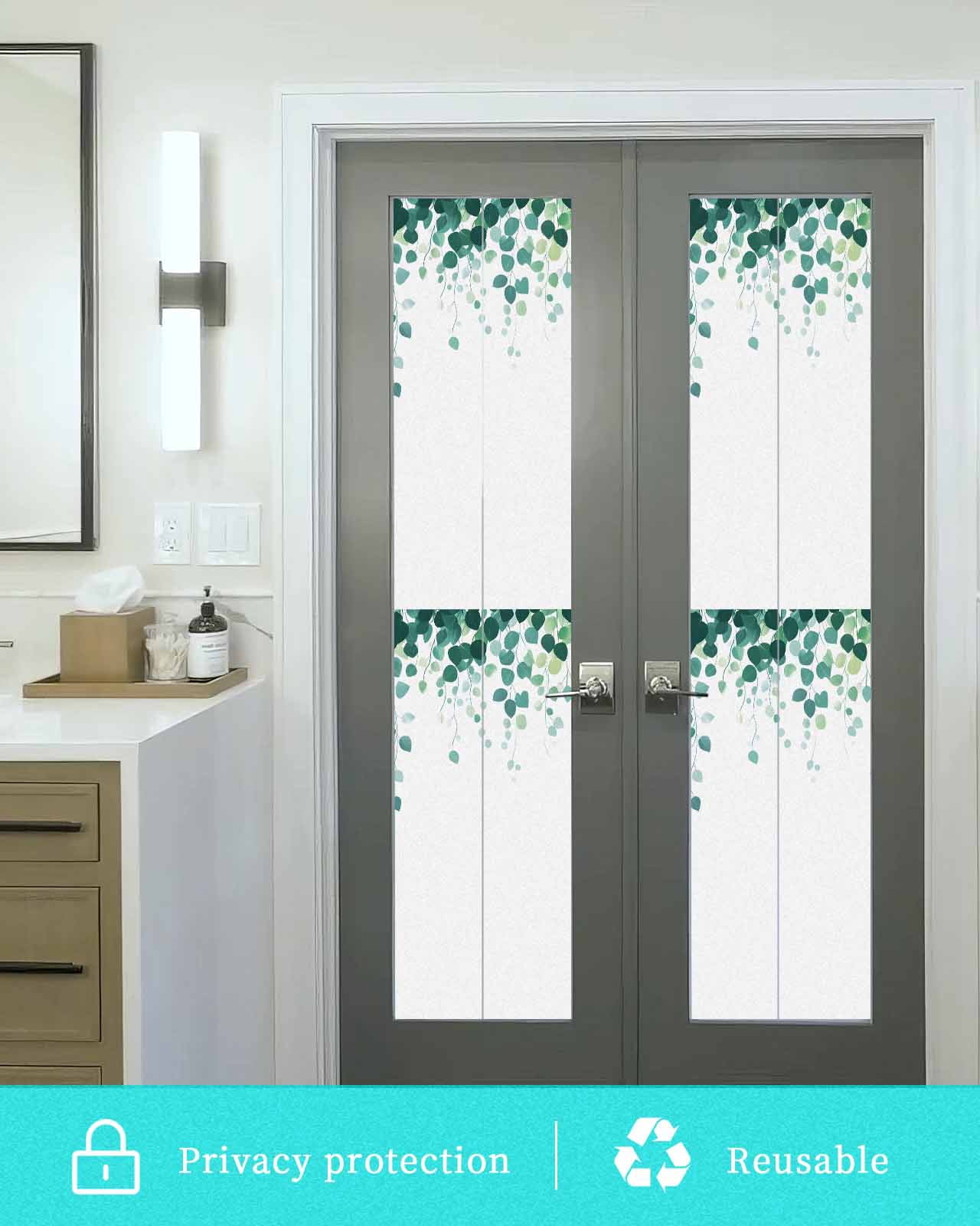 Window Privacy Film Eucalyptus Leaf Stained Glass Window Film Decorative Sun Block Window Cover Simple Spring Green Botanical Vines Window Clings Static Adhesive Sticker for Bathroom 29.5"x118"