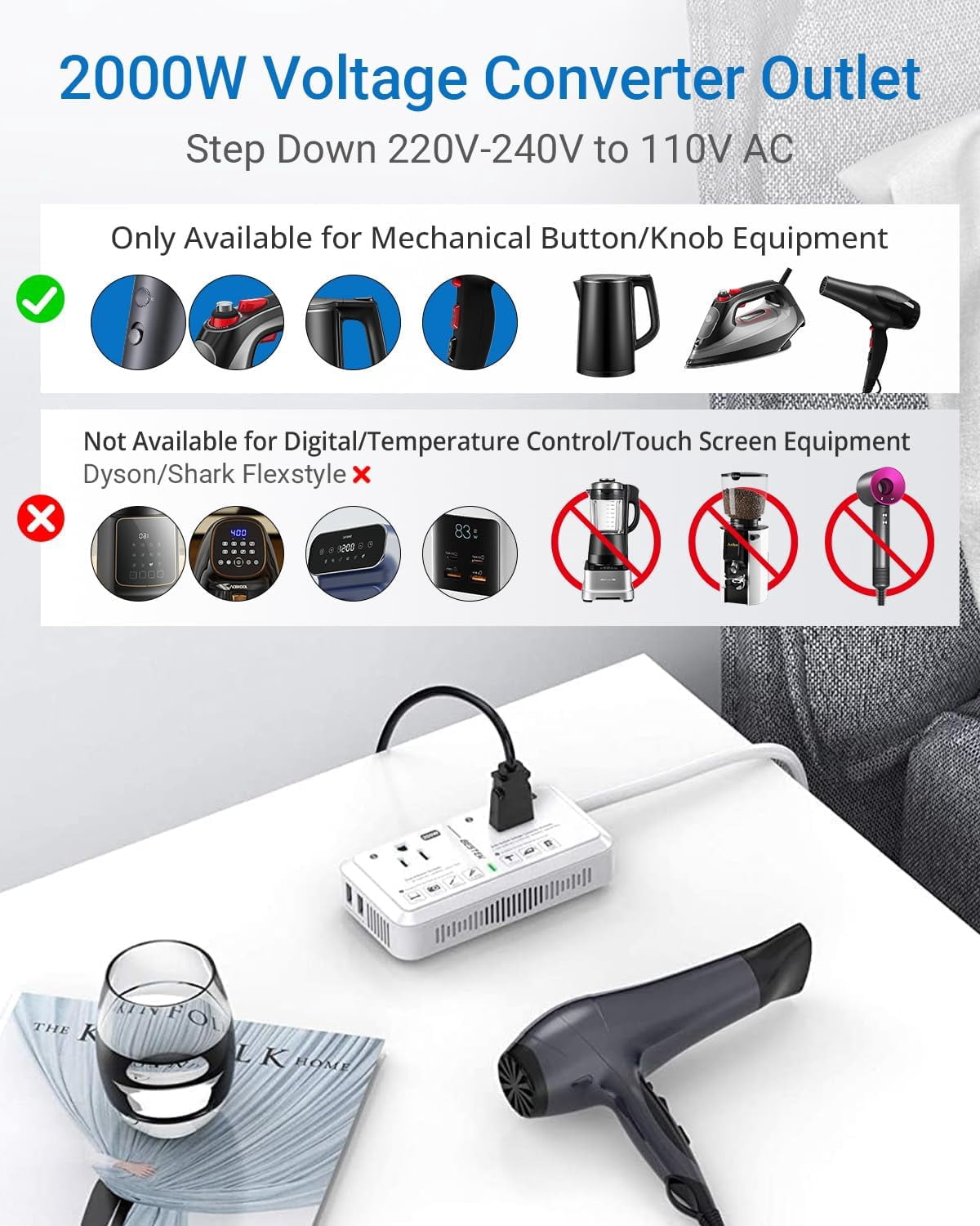 BESTEK 2000W Travel Voltage Converter, International Adapter 240V to 120V Step Down Converter with Dual USB Charging Ports for Laptop, Camera, Tablet & More