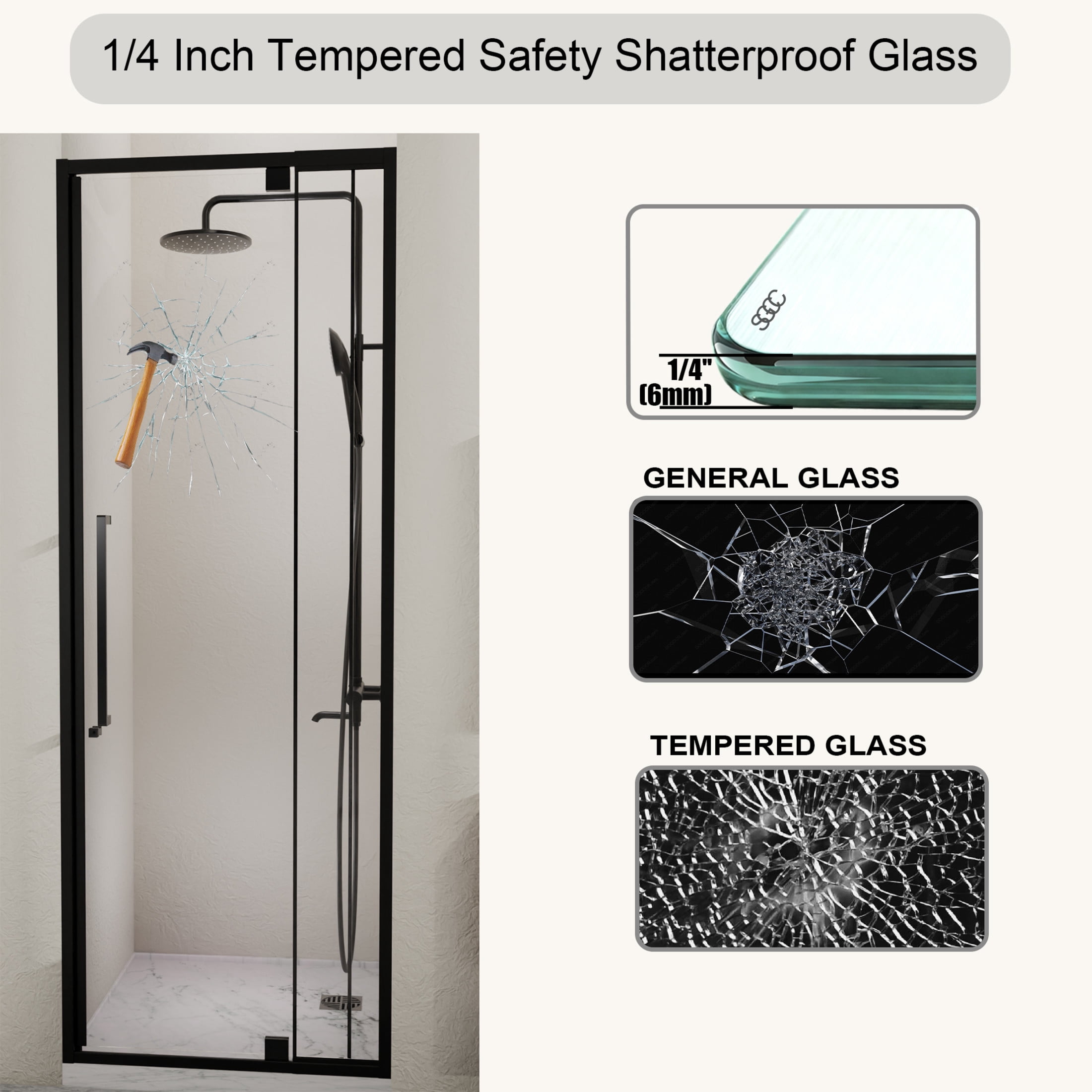 Noble House 36" Pivot Hinged Glass Shower Door, Adjustable Semi-Frameless Reversible Shower Door, Matte Black