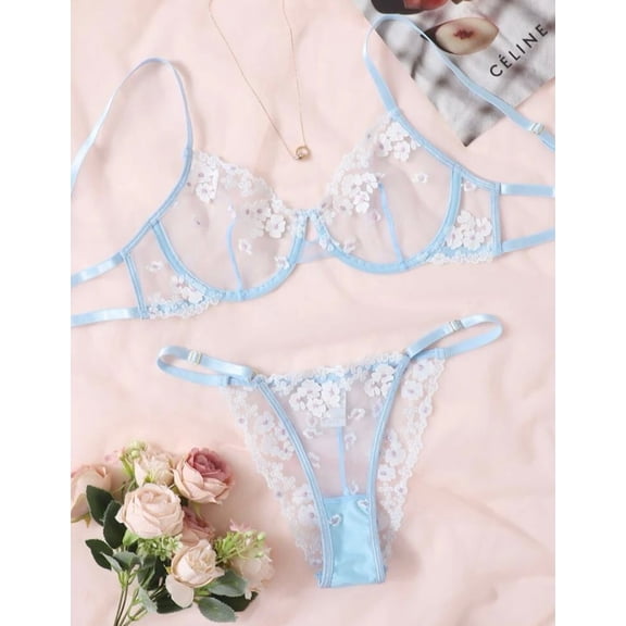 Blue Floral Lingerie Set Plus