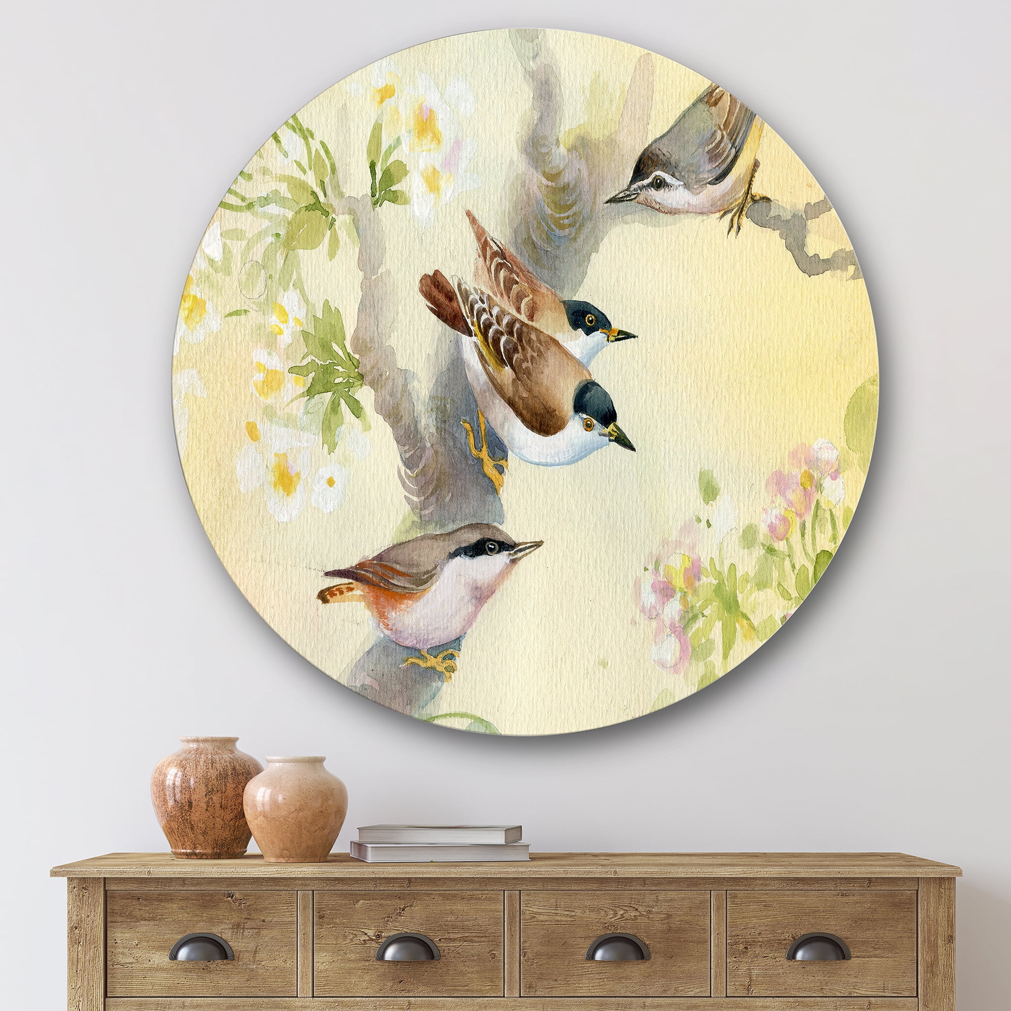 Designart 'Birds Sitting On A Blossoming Apple Tree' Traditional Circle Metal Wall Art 29x29 - Disc of 29