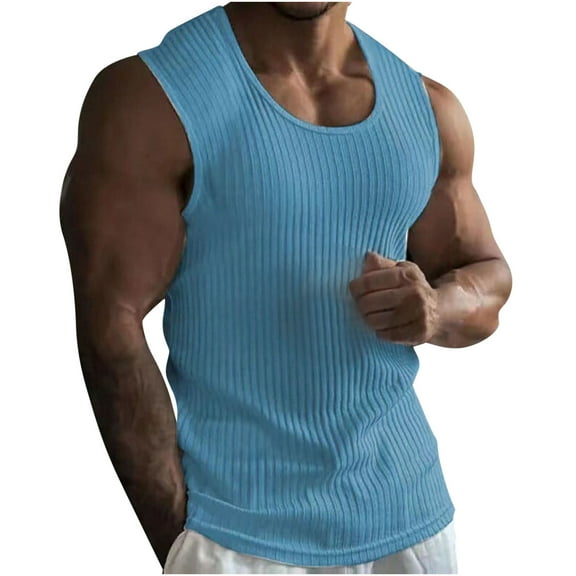 Admvng Sleeveless Shirts for Men Fashion Solid Color Round Neck Striped Casual Fitness Sleeveless Top M-3XL