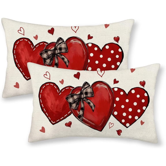 Valentine''s Day Pillow Covers 12x20 Pack of 2 Red Polka Dot Love Heart Throw Pillow Covers Valentine''s Mother''s Day Anniversary Decorative Gift Linen Cushion Case for Sofa Couch Decoration