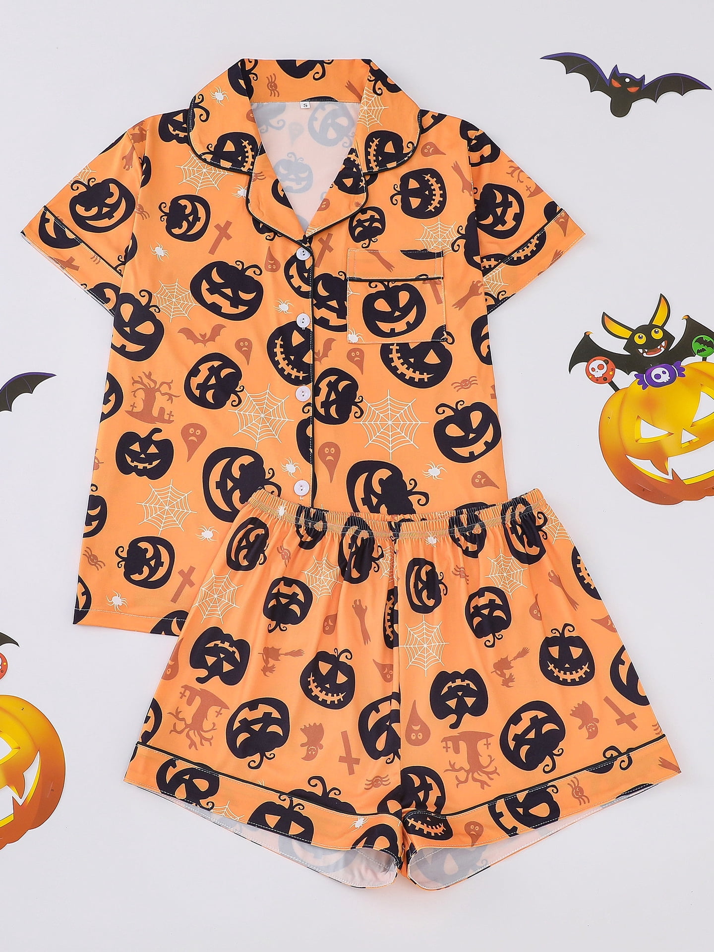 Emy Dola Women Halloween Silk Pajamas Sets 2 Piece Button-Down Satin Sleepwear Ghost Pumpkin Skull Print Short Sleeve Loungewear S-2XL