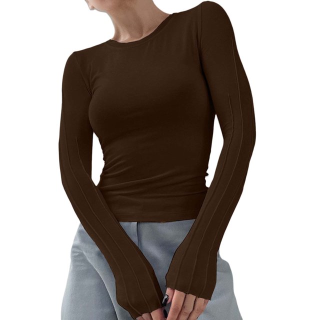 Gibobby Playera Termica Para Mujer Camiseta de manga larga para mujer, cuello redondo, ajustada, sexy, básica(Marrón, S)