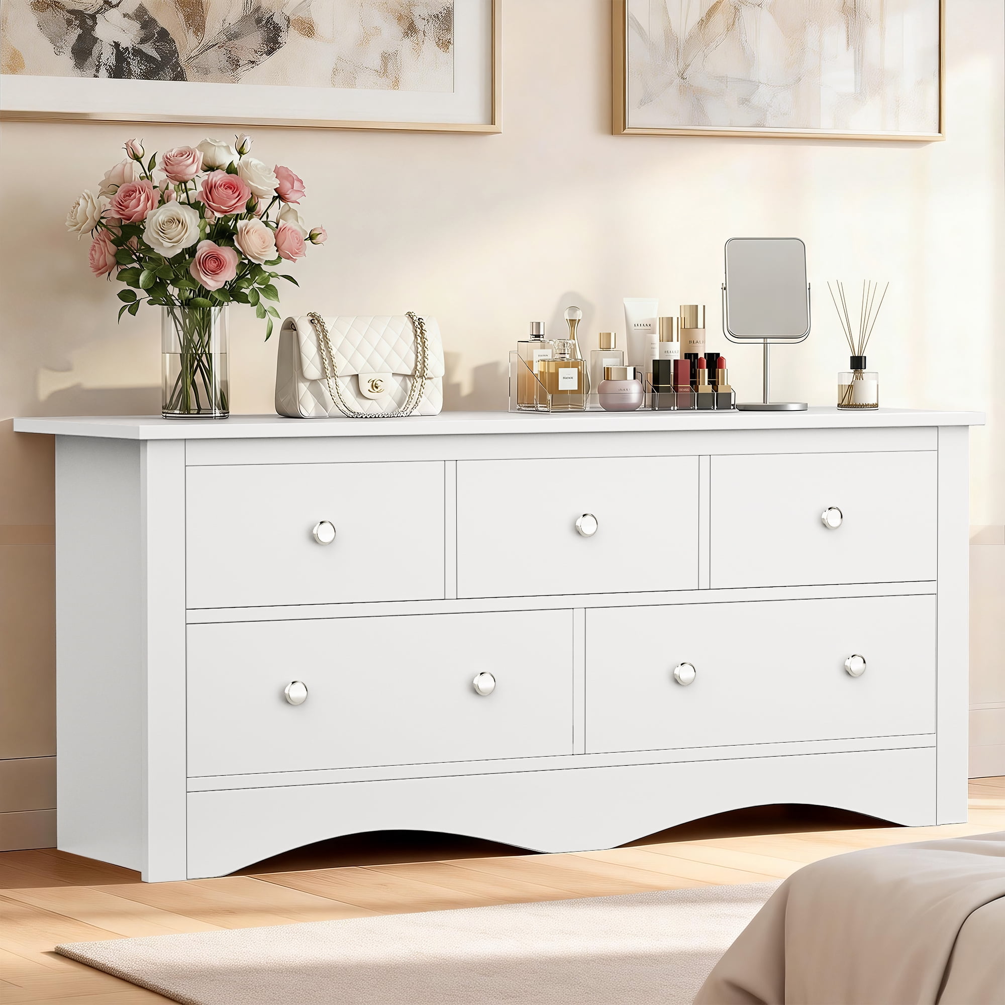 Homall 5 Drawer Double Dresser, Modern Wood Chest of Drawer for Living Room Bedroom,White