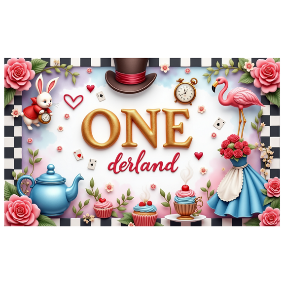 Whimsical Theme Wonderland Banner White Rabbit Wonderland Decor Cheshire Cat Design for Children's Party Tea Party Birthday Celebration