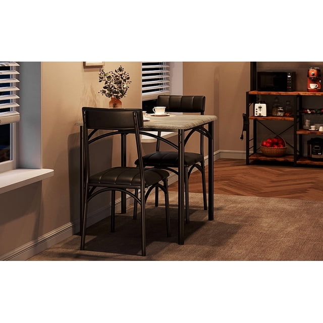 Space-Saving 3 Piece Dining Table Set for 2 – Square Metal & Wood Kitchen Table & Upholstered Chairs – Compact Dining Room Furniture – For Apartments or Small Spaces – Rustic Grey – Cement Ash