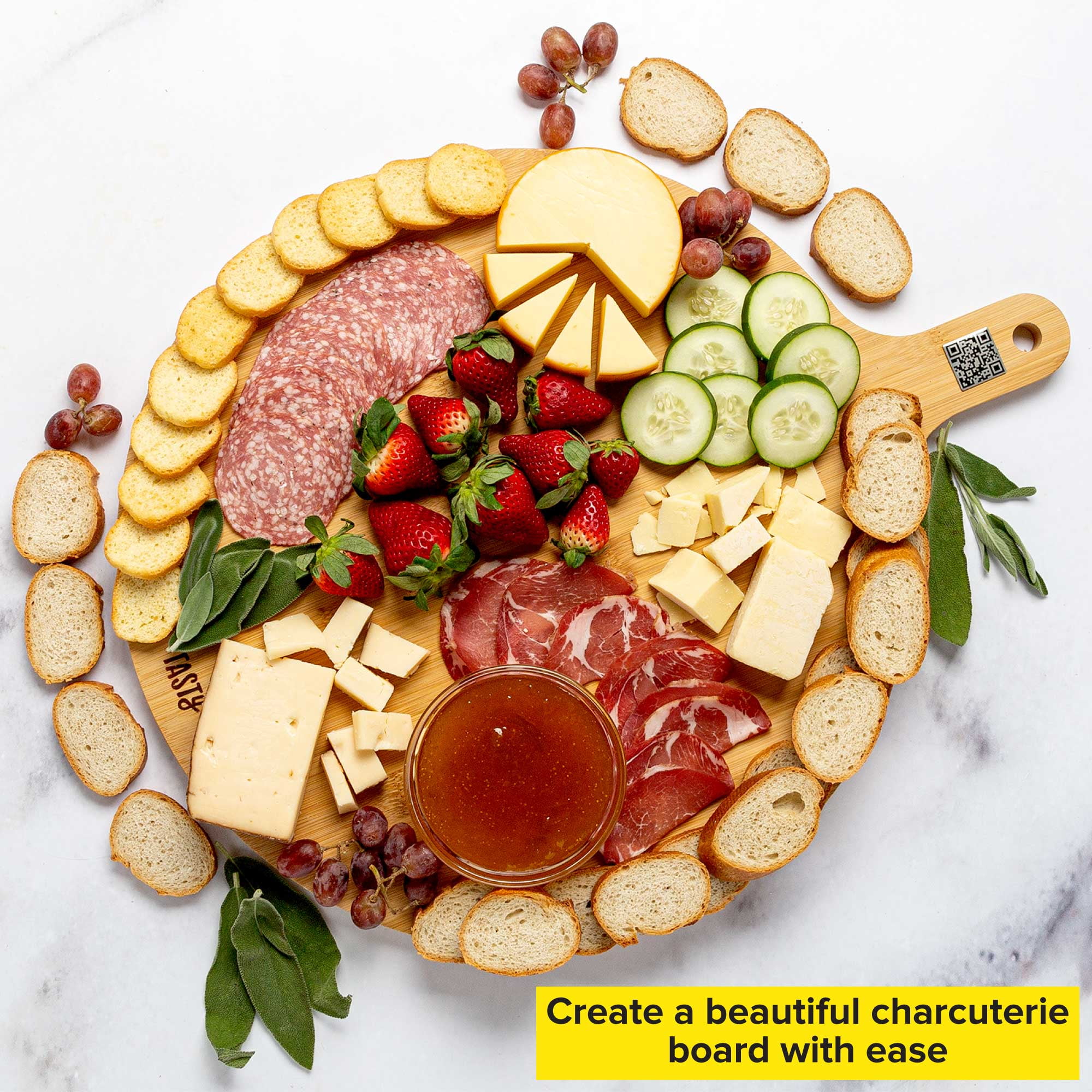 Tasty Bamboo Round Charcuterie Board with Handle, Paddle Cheese Board, 15.5" Round