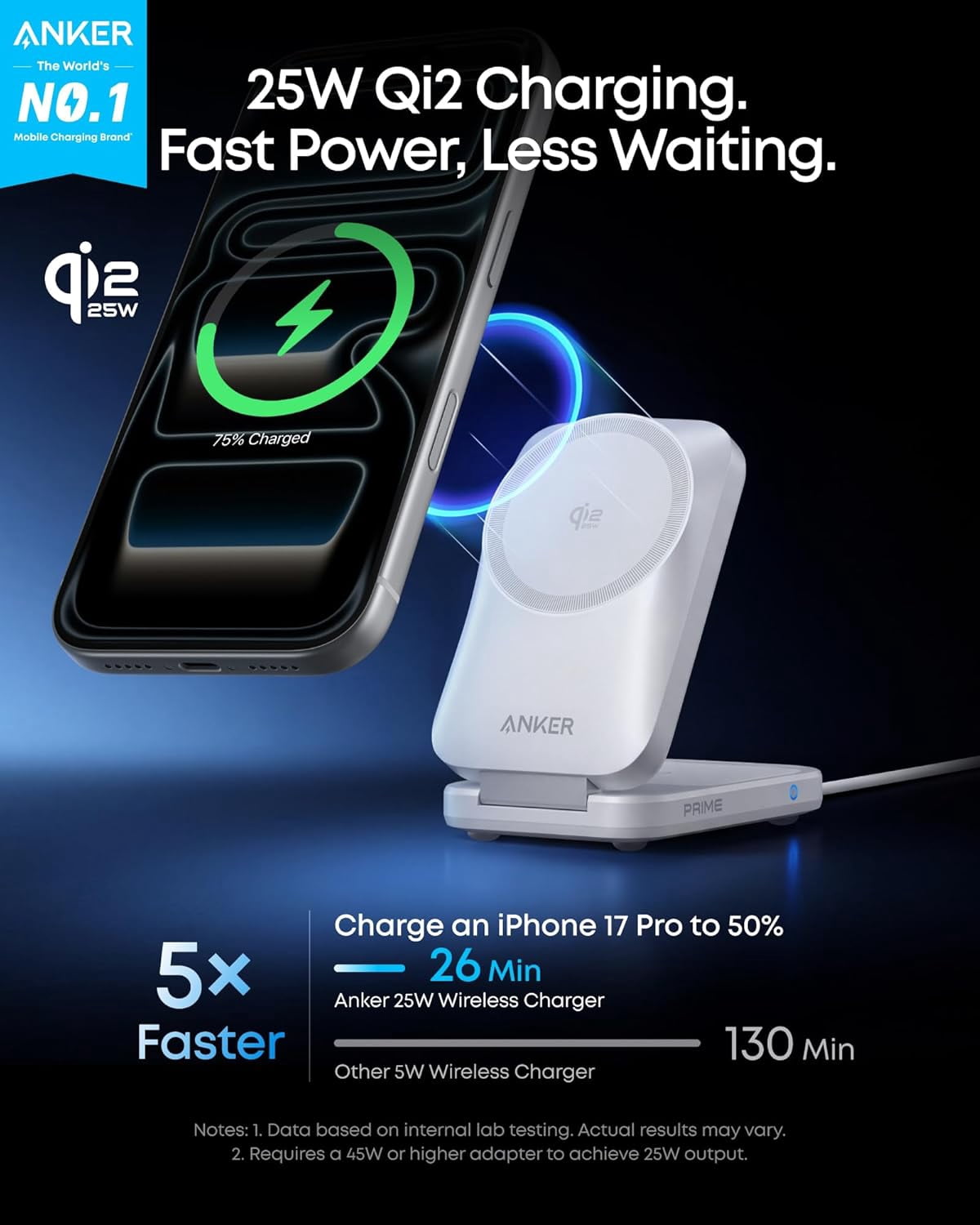 Anker Prime 3-in-1 Charging Station, AirCool Wireless Charger, Qi2 25W Certified Palm-Sized Foldable MagSafe Charger