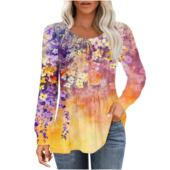 hxobax Women's Floral Long Sleeve T Shirts Round Neck Pleated Tunic Tops Casual Blouses for Leggings