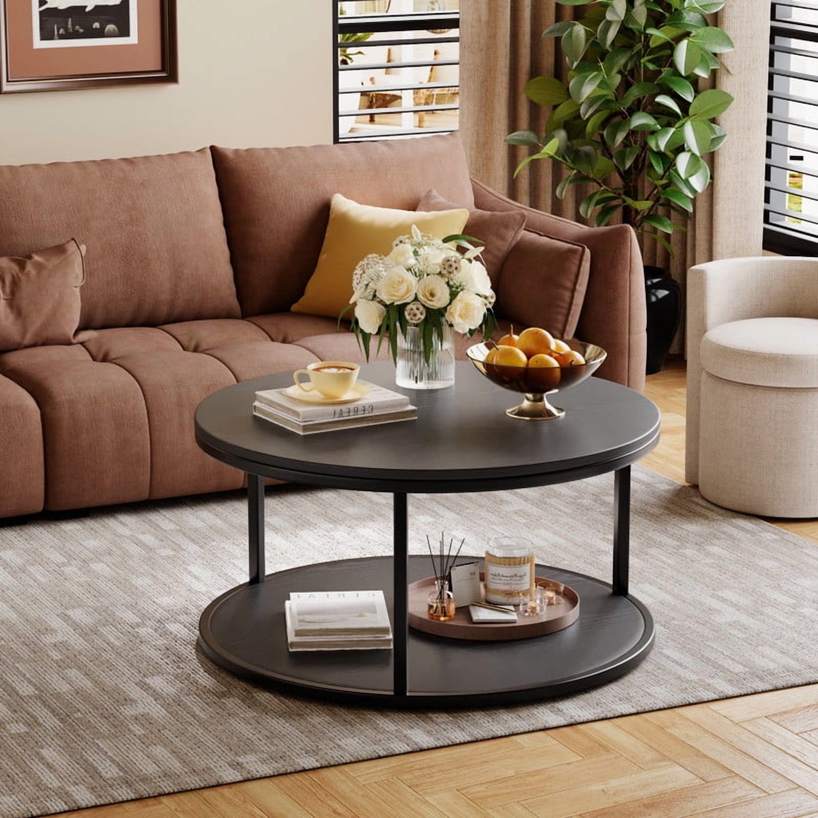 Homall Round Farmhouse Coffee Table with Storage 2 Level Wooden Center Table For Living Room,Black