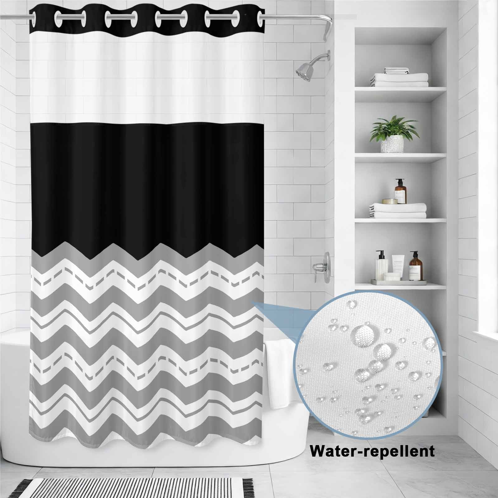 No Hook Shower Curtain Grey Waves Shower Curtain for Bathroom Black Chevron Stripe Bath Curtains Waterproof Fabric with See Through Top Window for Spa Hotel 36x72 Inch