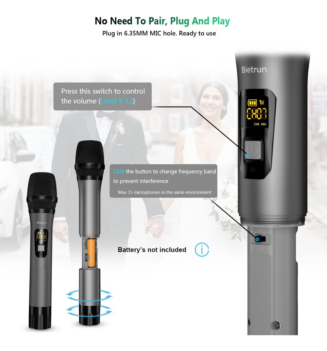 Wireless Microphone, Bietrun UHF Metal Dual Handheld Cordless Dynamic Mic System with Rechargeable Receiver, 1/4‘’Output, for Karaoke, Church, Speech, Wedding, Party Singing(160 ft Range)