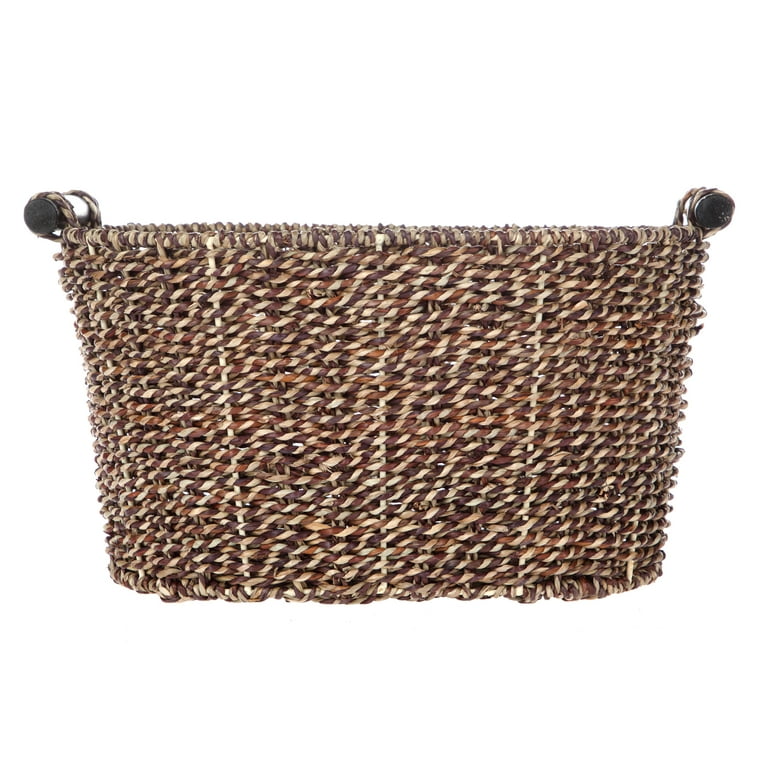 Mainstays Brown Oval 2-Hue Seagrass Storage Basket with Wooden Handles, 8.31 in. x 10 in. x 14.31 in.