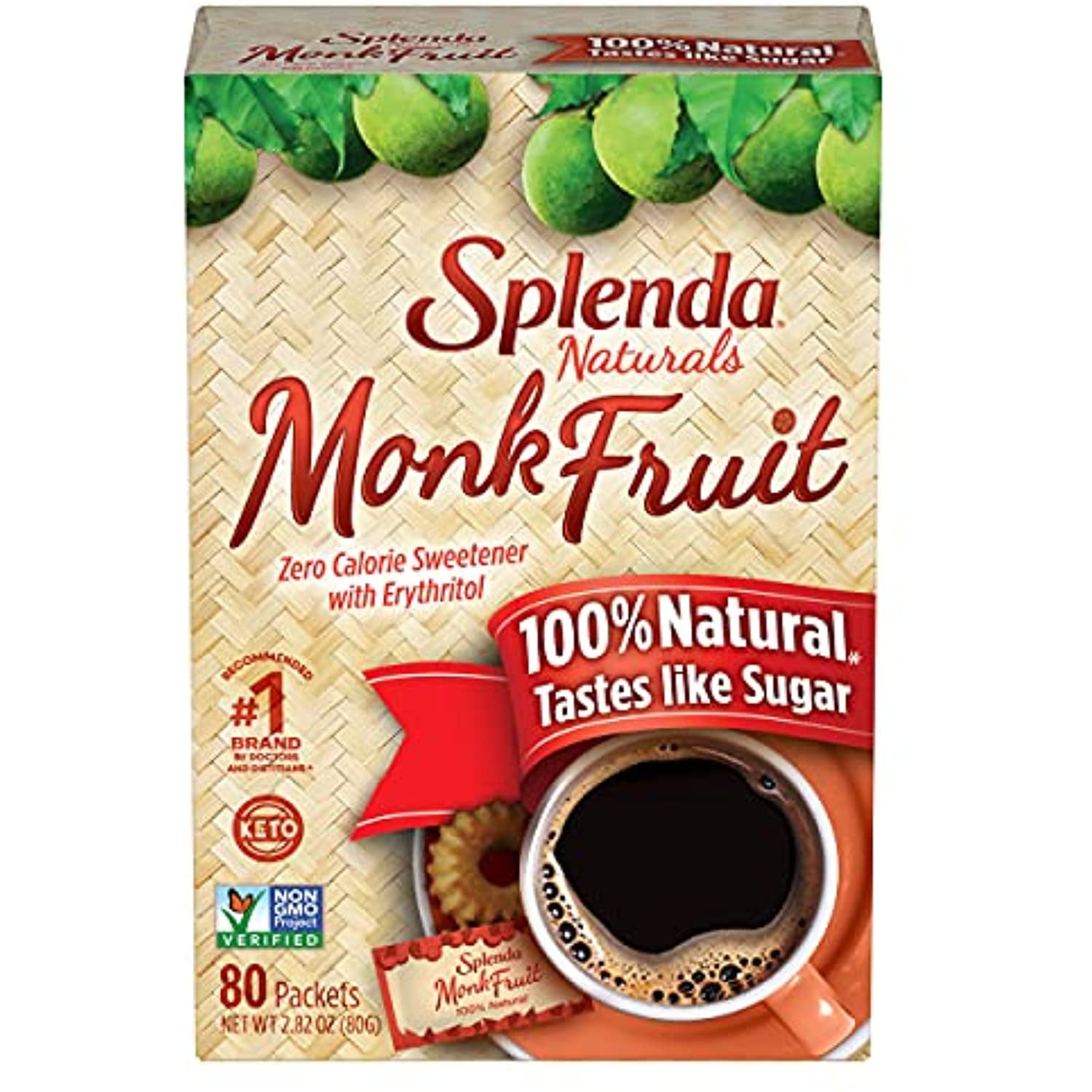 Splenda Naturals Monk Fruit Zero Calorie All Natural Sweetener Substitute, Keto Sugar Alternative, 80 Count Packets