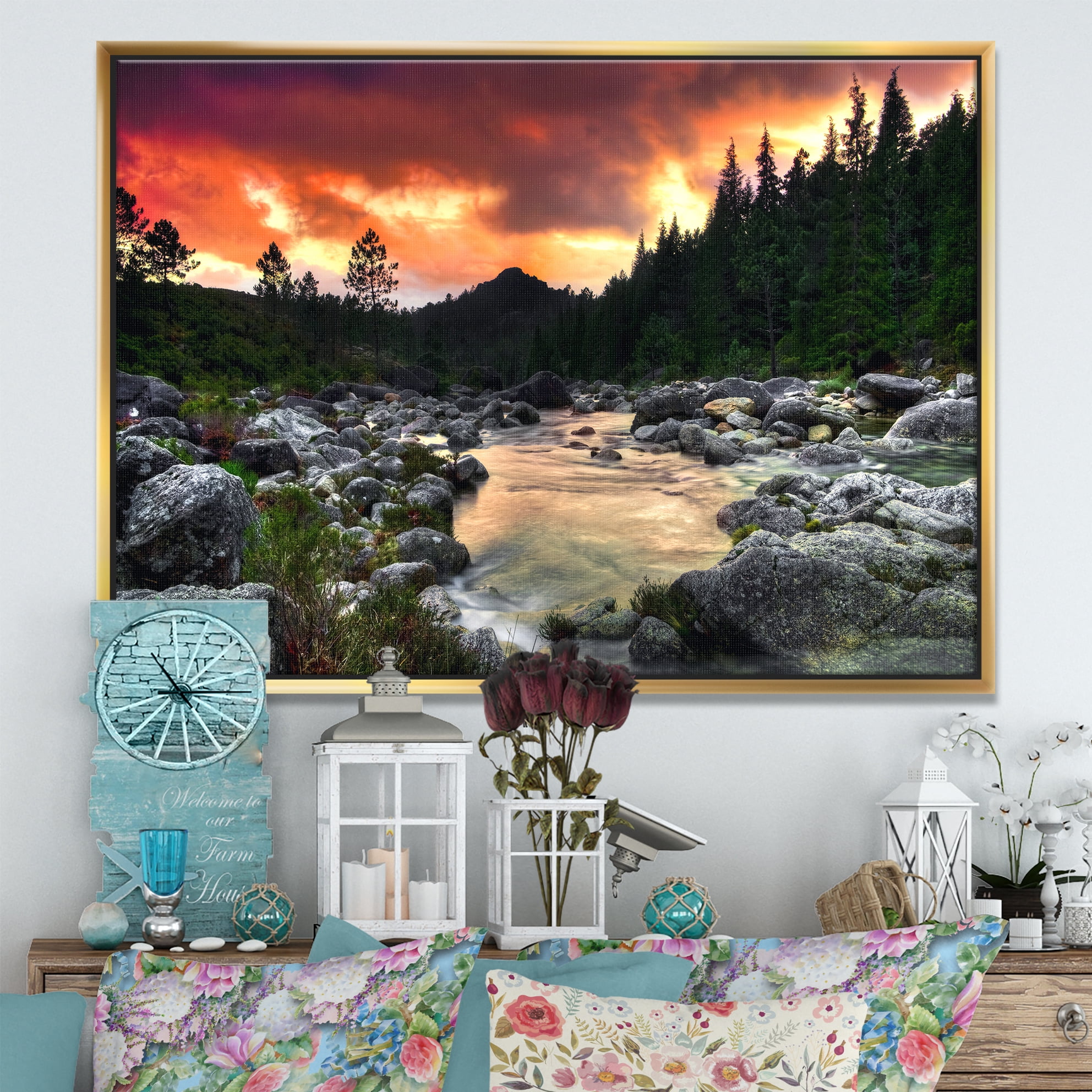Designart ' Rocky Mountain River at Sunset ' Landscape Framed Canvas Art