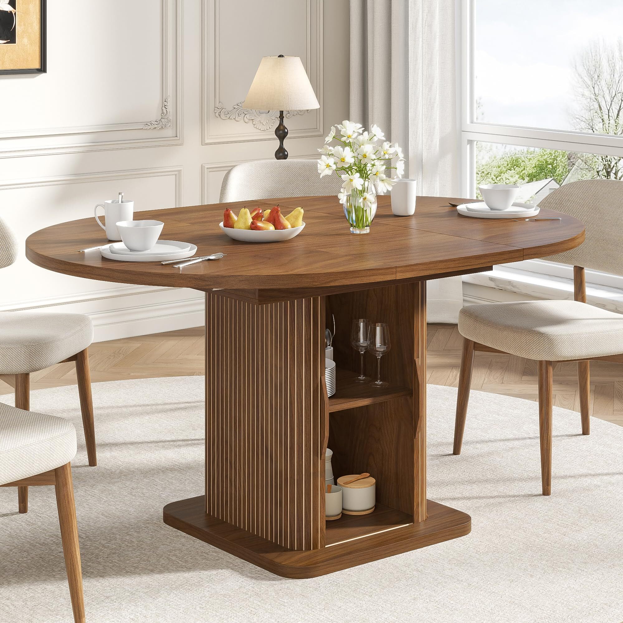 Extendable Round Dining Table for 4–8, 59" Modern Kitchen Table with Storage & Fluted Wood Sliding Door, Walnut