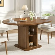 Extendable Round Dining Table for 4–8, 59 Modern Kitchen Table with Storage & Fluted Wood Sliding Door, Walnut