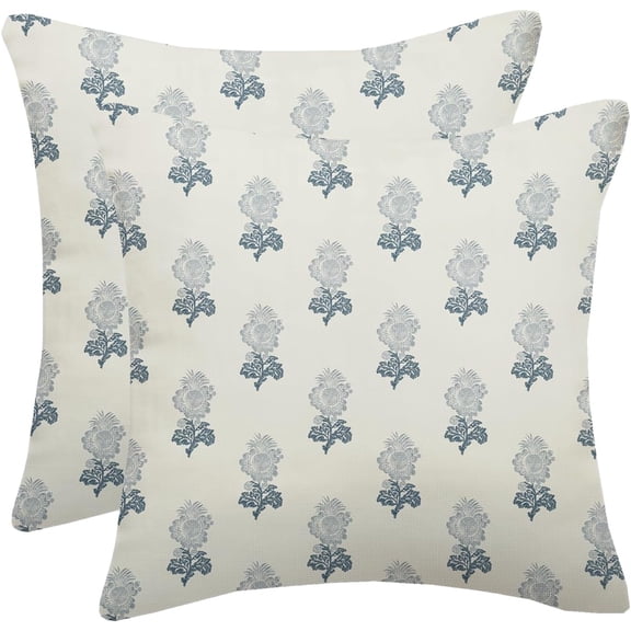 Navy Blue Block Print Pillow Covers 18X18 Inch Set of 2, Boho Vintage Floral Throw Pillows Farmhouse Spring Summer Flower Decorative Cushion Case for Home Sofa Couch Bed