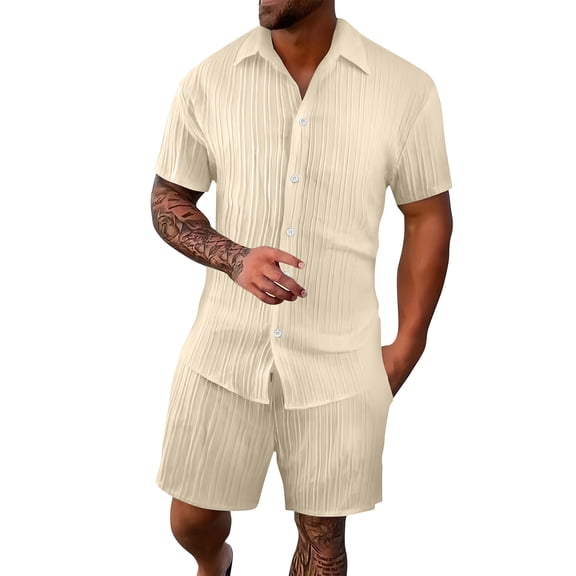 Uwinwear Men's Summer Beach Set Textured Striped Short Sleeve Shirt and Drawstring Athletic Shorts Set Casual 2 Piece Outfit,Beige,XXXL