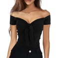 thumbnail image 3 of Women Off Shoulder Top Short Sleeve Tie Front T Shirt Blouse for Daily Dating Shopping Travel Black XL, 3 of 6