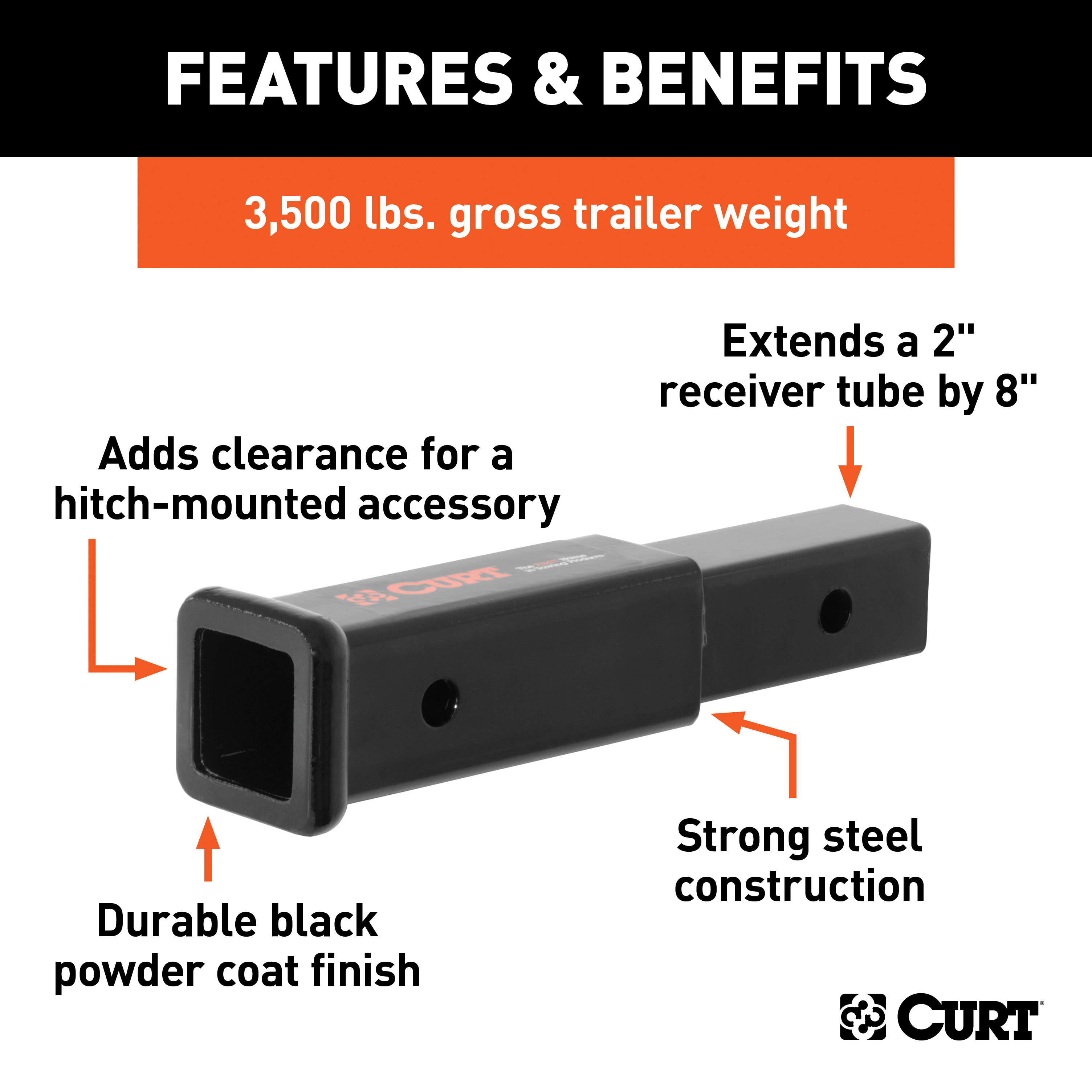 Curt 45791 8 Inch 3500 Pound Trailer Hitch Receiver Tube Extension with 2" Shank - image 2 of 4