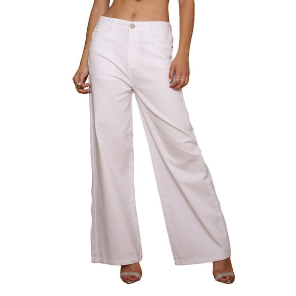 Pantalón Blanco Mezclilla Rectos Mujer Tiro Alto Algodón