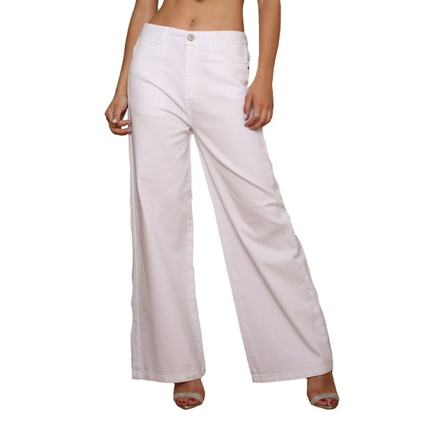 Pantalón Blanco Mezclilla Rectos Mujer Tiro Alto Algodón