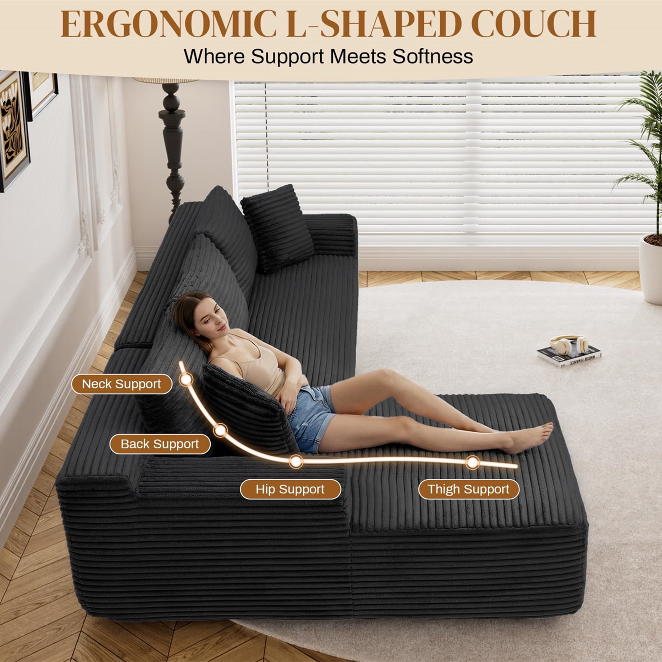 Aukfa 95" Cloud Sectional Sofa Deep Seat Boneless Couch Modular L-Shaped Couch, Left Chaise Corduroy Sofa for Living Room, Black
