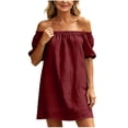 thumbnail image 6 of Summer Mini Dresses for Womens 2026 Fashion Plus Size Cotton and Linen Solid Color Short Sleeve Off--Shoulder Dress Pockets Mini Dresses, 6 of 9
