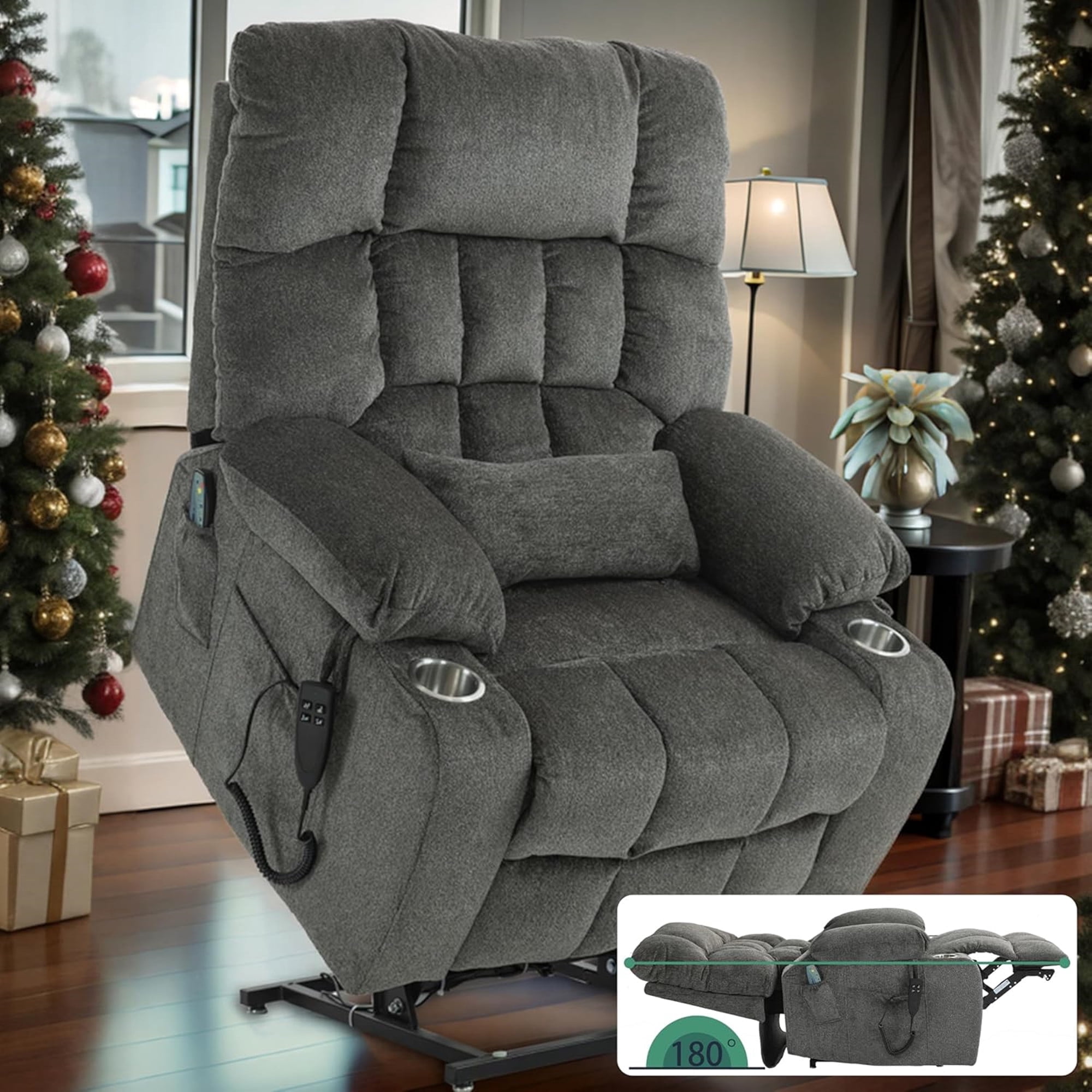 LITVZ Power Lift Recliner Chair with Massage and Heating for Elderly, Oversized Lay Flat Recliner, Big and Tall 350lbs, Dual Motors, 2 Cup Holders, Heavy Duty Lift Chair for Adults