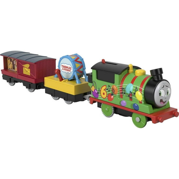 Thomas & Friends Party Train Percy Motorized Engine with Drum Cargo and Mail Car, 3 Pieces