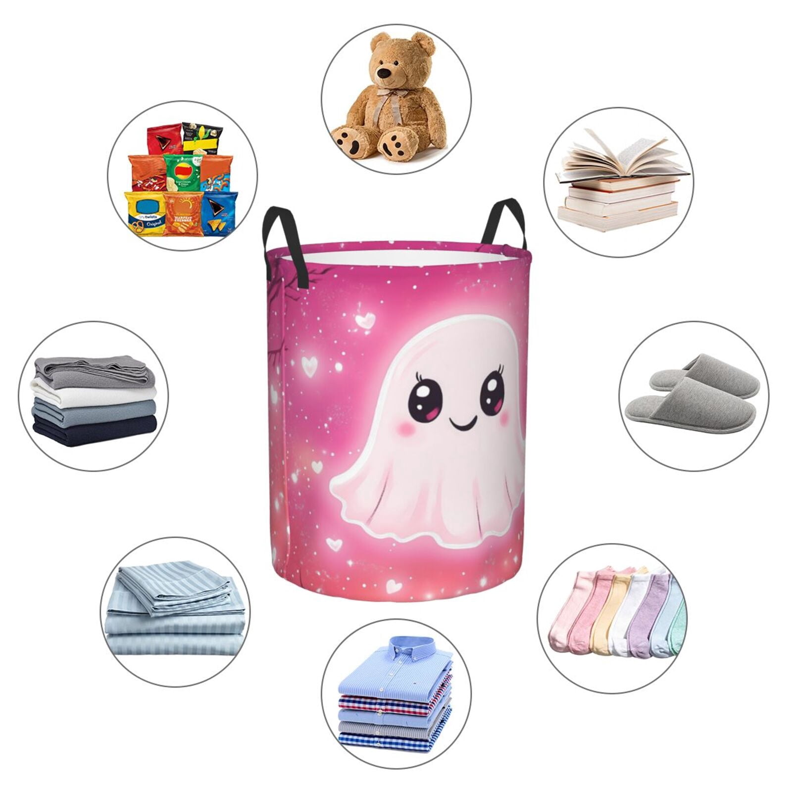 Large Laundry Basket with Handles - Halloween Pink Cute Ghost C Kids Baby Dirty Clothes Laundry Hamper for Bedroom Aesthetic