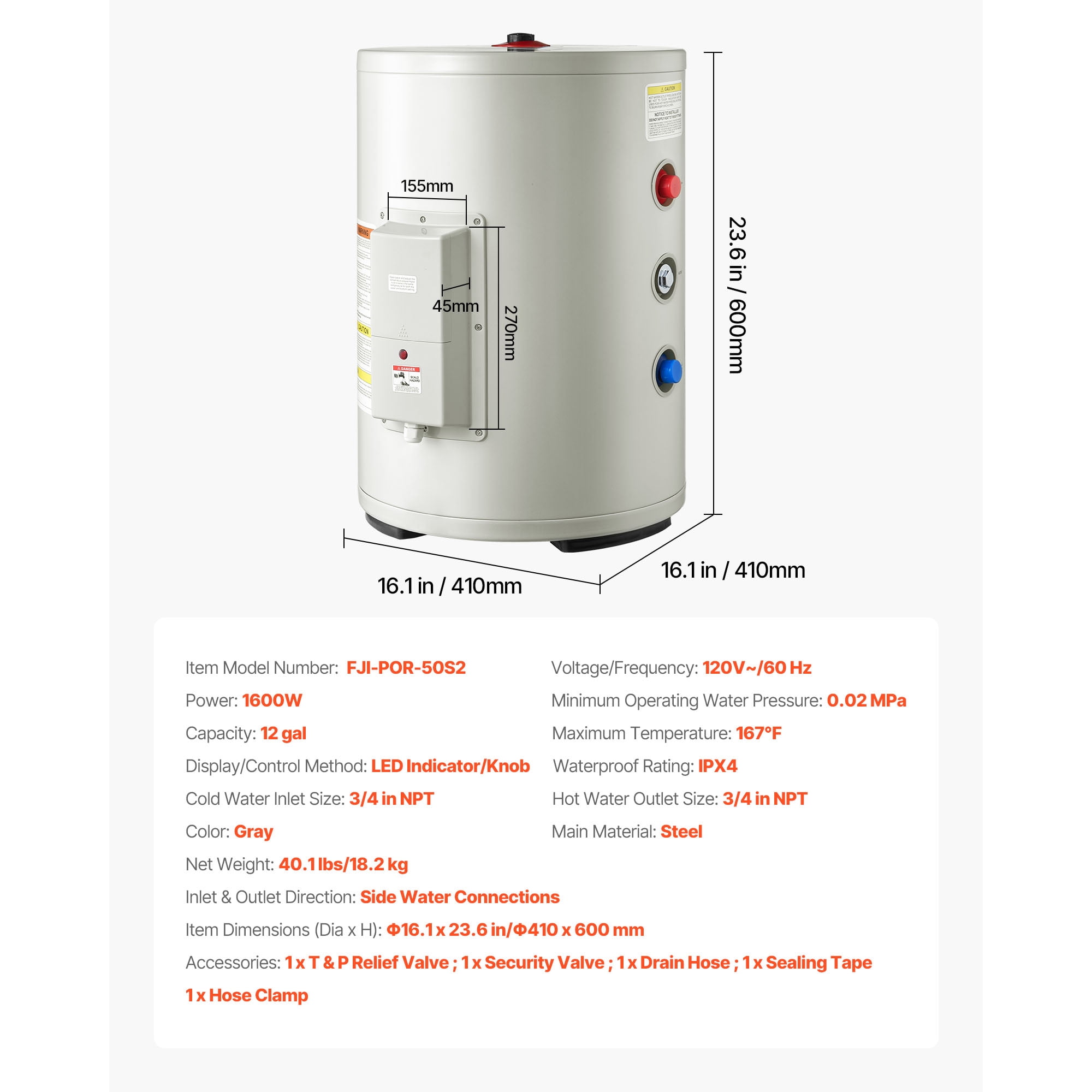 KFFKFF 12-Gallon Electric Tank Water Heater, 1600W Point-of-Use Unit with LED Heating Indicator, Adjustable Knob, Side Outlet, 120V Compact Design with T&P Valve for Apartments and Studios, Gray