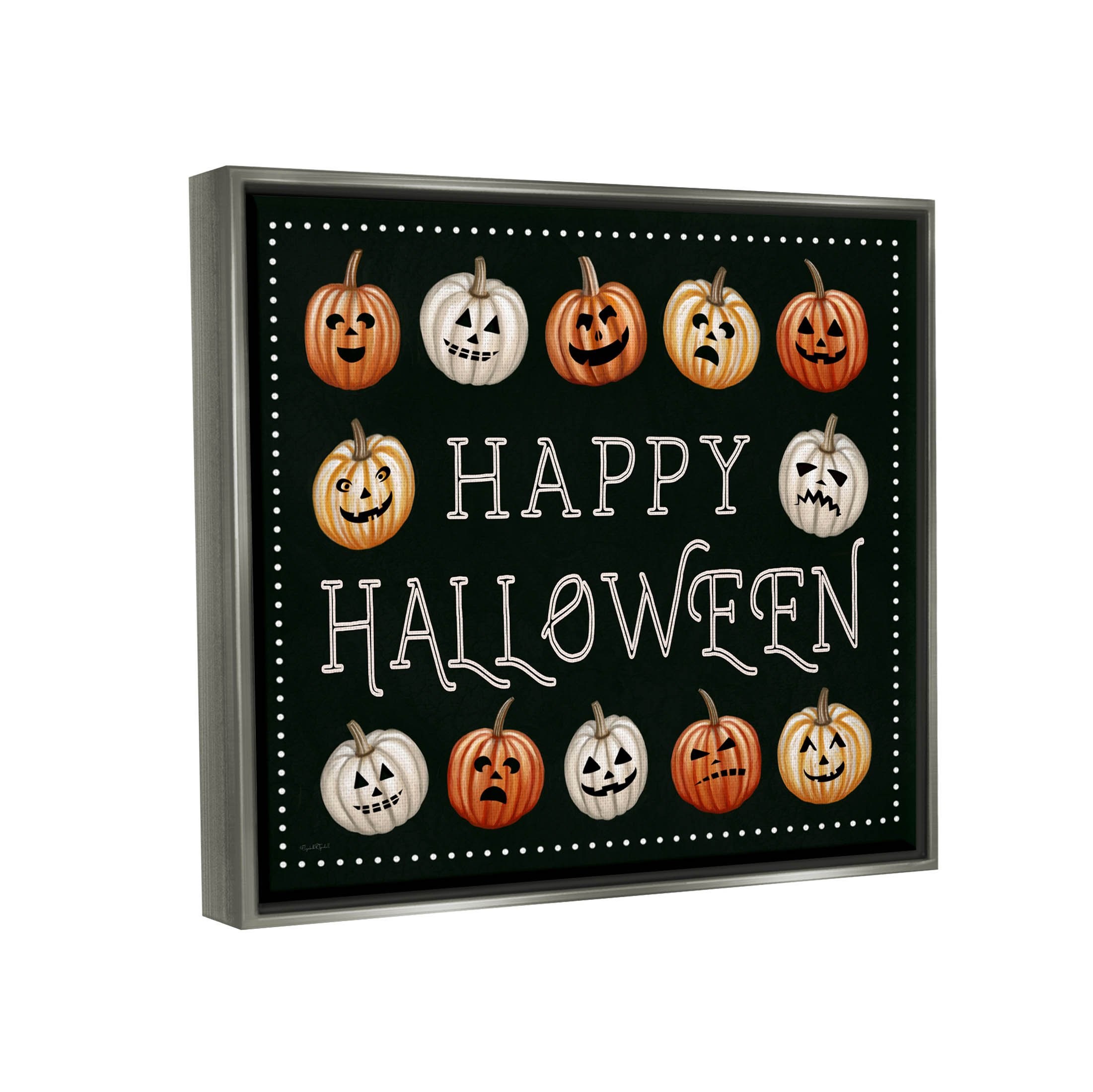 Stupell Industries Happy Halloween Jack-o-Lanterns Graphic Art Luster Gray Floating Framed Canvas Print Wall Art, Design by Elizabeth Tyndall