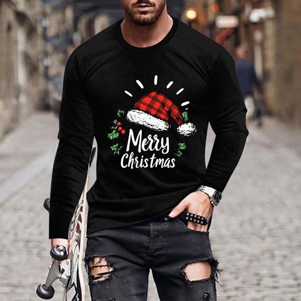 Blusas y camisas de manga larga y cuello redondo para hombre, informales, con estampado navideño, deportivas, de poliéster.