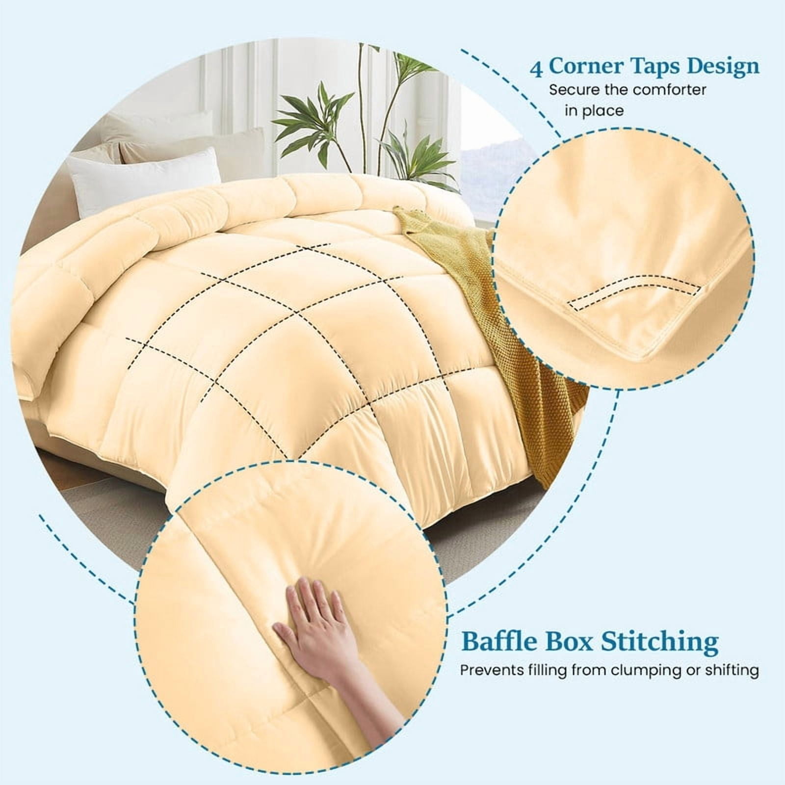 100% Cotton All-Season Comforter - Box Stitched Comforter - Bedding with Corner Tabs Machine Washable Lightweight Color Beige Solid Pattern Size Oversized Queen (98"x98")