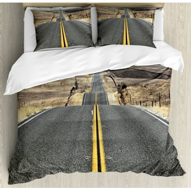 Landscape Duvet Cover Set, Pacific Coast Highway on the Road Trip to Endless Desert Western Photograph Wilderness, Decorative 3 Piece Bedding Set with 2 Pillow Shams, Queen Size, Grey, by Ambesonne